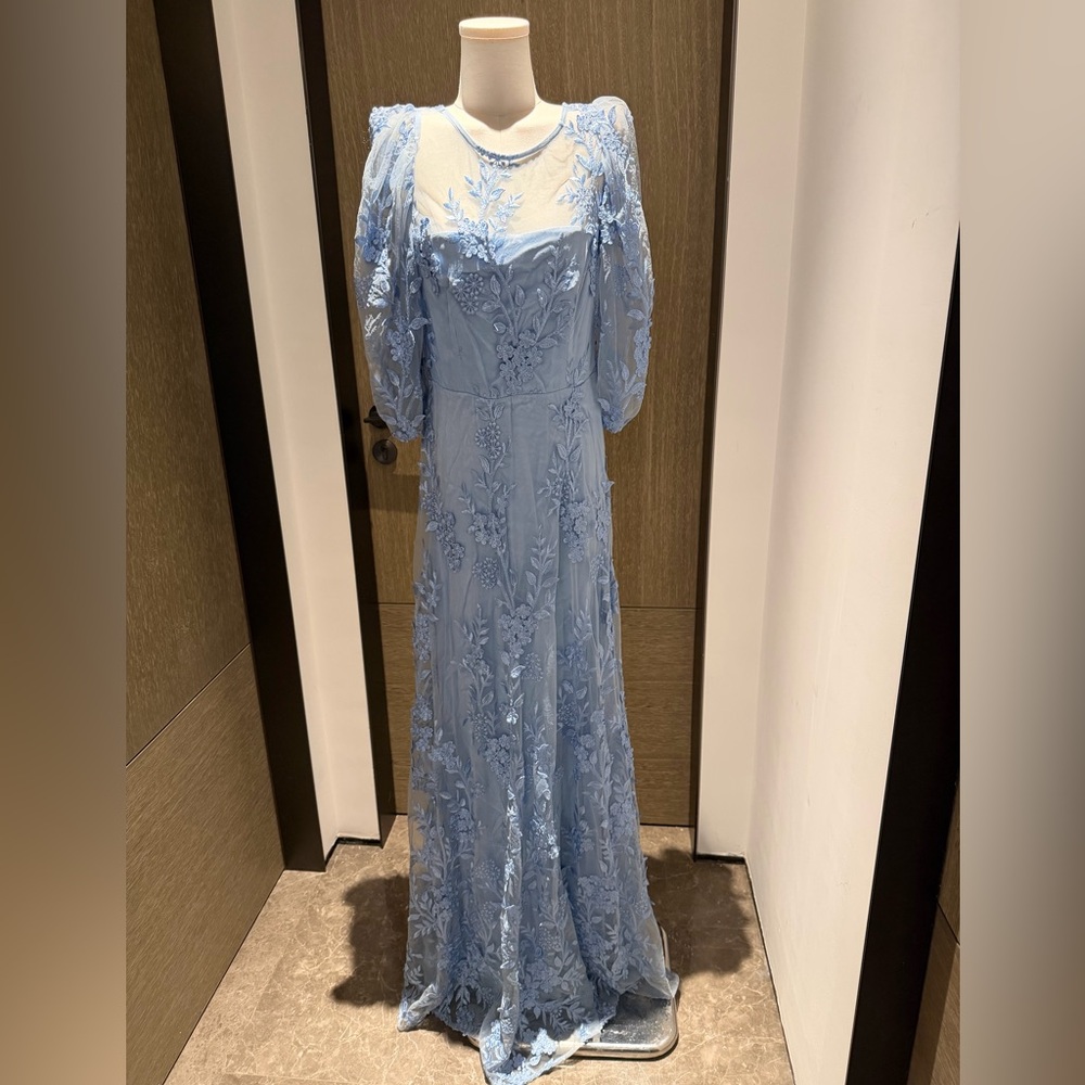 By malina Pale Blue Lace Embroidered Maxi Dress